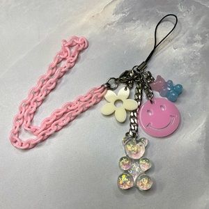 Handcrafted Keychain / Phone Charm - Smiley, Bears, Flower, Pink Wrist Chain